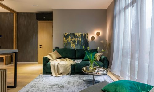 Stylishly designed living room with luxurious elements and modern decor.